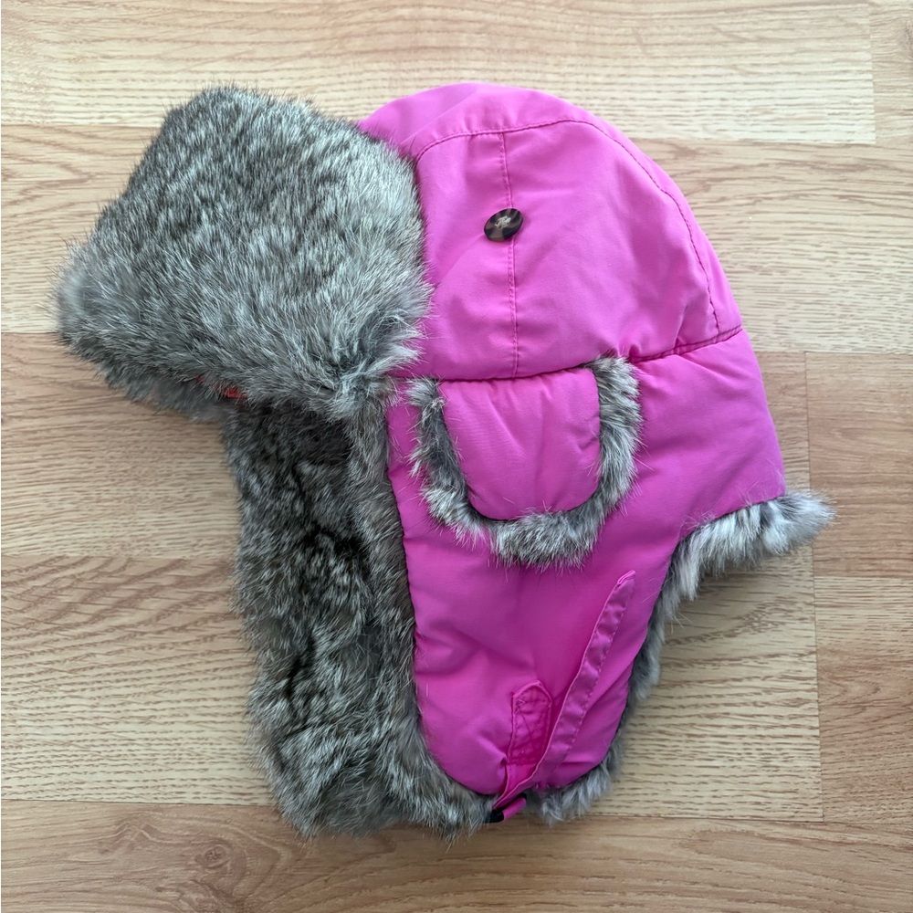 Pink Girls Winter Hat Rabbit Fur Trim size XL